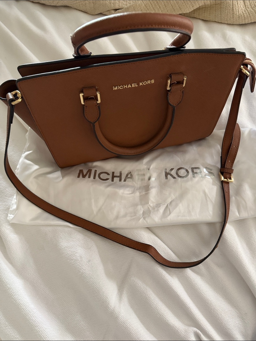 MICHAEL KORS Tan Saffiano Leather Satchel with Removable Strap